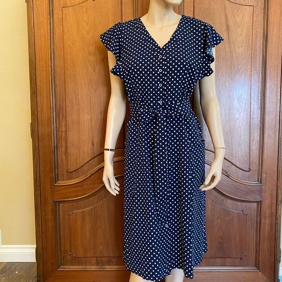 CLEARANCE 90’s Vintage Dress Navy & White Polka Dot Flutter Sleeve Size Large - Picture 5 of 9